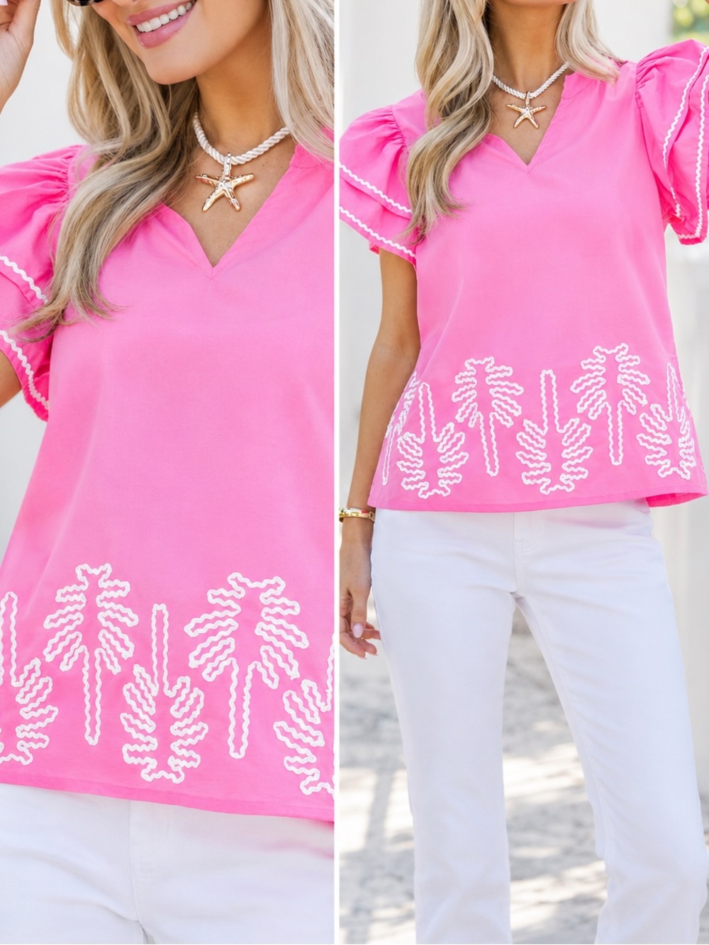 Palm Paradise Pink Embroidered Flutter Sleeve Top Entro Short Sleeve Coastal